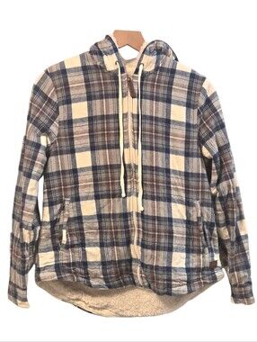 LL Bean Blue Cream Plaid Scotch Flannel Relaxed Fit Full Zip-Up Sherpa Hoodie XS